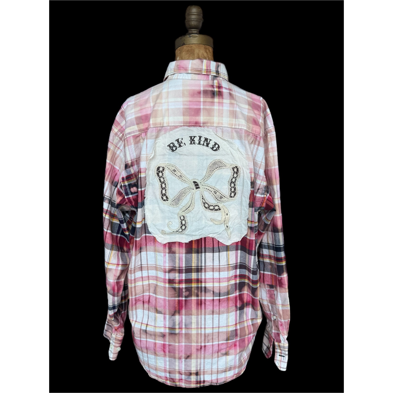 Be Kind Lace Bow Flannel Shirt Lightweight Pink Plaid Nautica Cottagecore